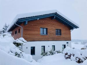 un edificio cubierto de nieve con arbustos nevados en Ferienhaus Escherich en Büchlberg