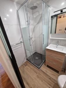 ein Bad mit einer Dusche und einem Waschbecken in der Unterkunft L'écrin du Cap Esterel in Saint-Raphaël