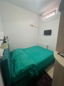 Dormitorio pequeño con cama verde y TV en Balcescu Alina's apartament en Sibiu