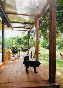 Ein schwarzer Hund steht auf einem Holzdeck in der Unterkunft Bình An lake view in Buon Ma Thuot