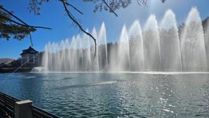a fountain in the middle of a pond in front of a building at Apartman Terzić Zlatibor in Palisat