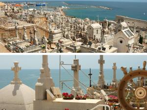 deux photos d'une ville avec une horloge et une ville dans l'établissement Pulpifornia, à Sète