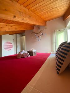 Cette chambre est dotée d'une moquette rouge et de plafonds en bois. dans l'établissement Il Mare in Mansarda, à Agropoli