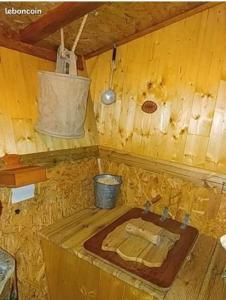 a bathroom with a sink in a wooden room at La cabane perchée du trappeur in Écrainville
