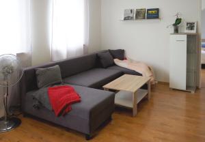 ein Wohnzimmer mit einem Sofa und einem Tisch in der Unterkunft Janka Apartment in Bratislava