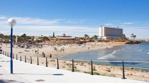 un grupo de personas en una playa cerca del océano en Greensuites La Zenia Torrevieja, en Playa Flamenca
