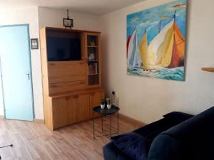 een woonkamer met een bank en een tv bij T2 sur le port avec parking in Gruissan
