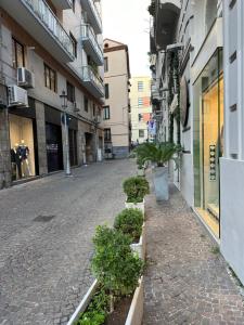 uma rua vazia com vasos de plantas e edifícios em Francy's house em Salerno