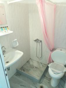 ein Badezimmer mit Dusche, Toilette und Waschbecken in der Unterkunft Frangiscos in Parikia