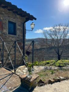een stenen huis met een poort en een vaas met bloemen bij LOCANDA PODERE LE VIGNE in Radda in Chianti
