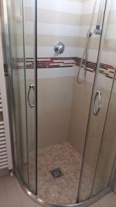 La salle de bains est pourvue d'une douche et d'une porte en verre. dans l'établissement HOTEL HALF MOON RESTAURANT, à Rimini