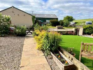 a garden with a stone pathway and a bench at Charming Farm based cottage with hot tub and sauna in Newton