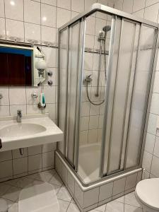 a bathroom with a shower and a sink at Hotel Weinhaus Eberitzsch GmbH in Bad Blankenburg