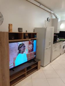 a flat screen tv sitting on a stand in a kitchen at NICOLAS ET MARIE in Courbevoie