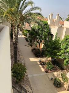 um passeio vazio com palmeiras e edifícios em Apartamento en Roda Golf em San Javier