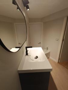 La salle de bains est pourvue d'un lavabo blanc et d'un miroir. dans l'établissement Centro ciudad, à Séville