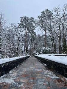 un sendero cubierto de nieve en un parque con árboles en Гостевой комплекс "Дядя Саша", en Sokirno
