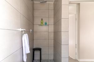 a bathroom with a shower with a stool in it at Fig Tree in Pretoria