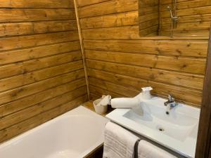 a bathroom with a sink and a bath tub at Gîtes les Chalets Vezzani Spa in Vezzani
