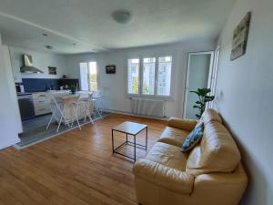 een woonkamer met een bank en een keuken bij Jolie chambre avec vue dans appartement en colocation in Grenoble
