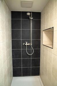 een badkamer met een douche met zwarte tegels bij Pension am Markt Meißen in Meißen