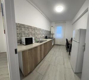 La cuisine est équipée d'un évier et d'un réfrigérateur. dans l'établissement Nova Residence Leordeni, à Popeşti-Leordeni