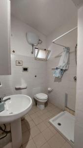 La salle de bains blanche est pourvue d'un lavabo et de toilettes. dans l'établissement Artist House, à Cardedu