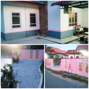 dos fotos de una casa con una valla rosa en Izora Homestay en Kampong Pengkalan Maras