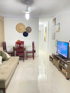 a living room with a couch and a television at Apartamento 2 quartos Rio Centro - Barra Olímpica in Rio de Janeiro