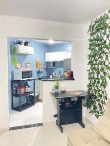 a kitchen with a desk in a room at Apartamento 2 quartos Rio Centro - Barra Olímpica in Rio de Janeiro +22 photos