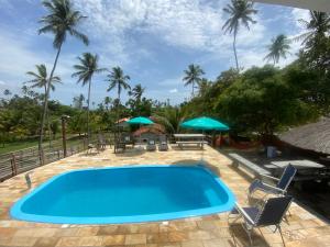uma piscina num resort com palmeiras ao fundo em Chalés dos Carneiros em Tamandaré