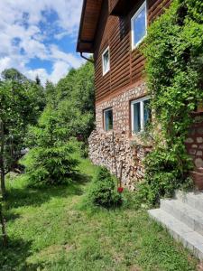 una casa con una pared de piedra junto a un patio en Casa Nadia, en Voineasa