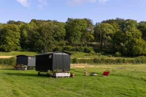 un par de refugios portátiles en un campo de hierba en Deer Lodge Shepherds Hut, en Rowlands Castle