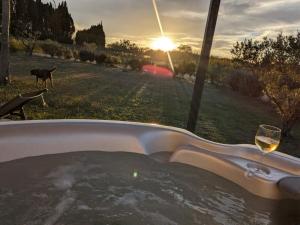 bañera de hidromasaje con una copa de vino y un perro en Mas Puig, en Saint-Génis