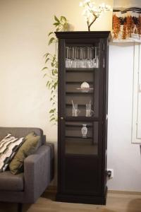 ロヴァニエミにあるHome base near railway stationのリビングルーム(ソファ付)の黒いキャビネット