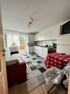eine Küche mit weißen Schränken und einer roten Couch in der Unterkunft Studio Casa Ursu' in Predeal