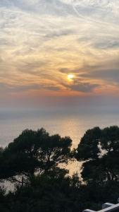 una puesta de sol sobre el océano con árboles en el primer plano en La GEMMA di Orrico en Anacapri