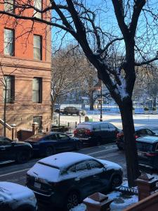 紐約的住宿－Soul Food，一条有雪覆盖的街道,有停放的汽车和一座建筑
