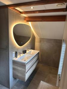 a bathroom with a sink and a mirror at Koetsementen appartementen met strandcabine in Domburg