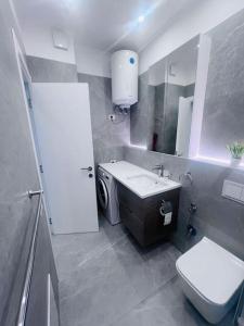 La salle de bains est pourvue de toilettes blanches et d'un lavabo. dans l'établissement Deluxe Flat with garden_Tirana, à Tirana