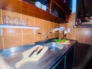 un bancone della cucina con lavandino e posate di Casa Mota Acolhedora x Bem Localizada x Um Minuto da Praia a Santarém