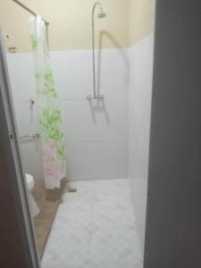 a white bathroom with a shower and a toilet at Kapowlito Real Estate Casa Grootblijdenshoopweg in Paramaribo