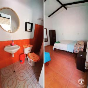 2 fotografías de un baño con lavabo y 1 cama en CHOCLINO ECOLODGE -Bungalows, en Tarapoto