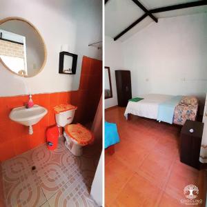 two pictures of a bathroom with a sink and a bed at CHOCLINO ECOLODGE -Bungalows con Piscina privada, Mirador y Tours en la selva in Tarapoto