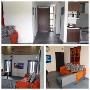 2 Bilder von einem Wohnzimmer und einer Küche mit einem orangefarbenen Sofa in der Unterkunft Yunka House, Salta in Vaqueros