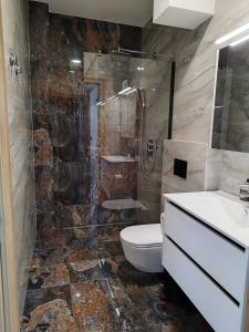 La salle de bains est pourvue d'une douche, de toilettes et d'un lavabo. dans l'établissement Pamario Vėjų Apartamentai, à Svencelė