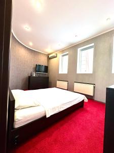 キーウにあるPenthouse Apartment Panoramic Viewのベッドルーム1室(赤いカーペット敷きの大型ベッド1台付)