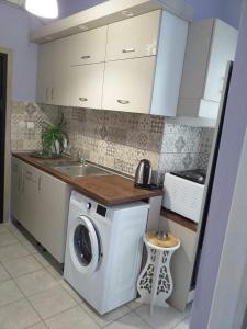 eine Küche mit einer Waschmaschine und einem Waschbecken in der Unterkunft DiVa apartment in Asprovalta