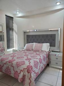 - une chambre avec un lit doté d'un couvre-lit rose dans l'établissement Casa a solo 5 min del parian y 20 min aeropuerto, à Guadalajara