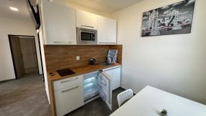 a small kitchen with a counter and a microwave at Hotel Hangar in Mošnov